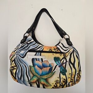 Anuschka Genuine Leather Hand-Painted Floral Zebra Satchel Shoulder Bag Artsy